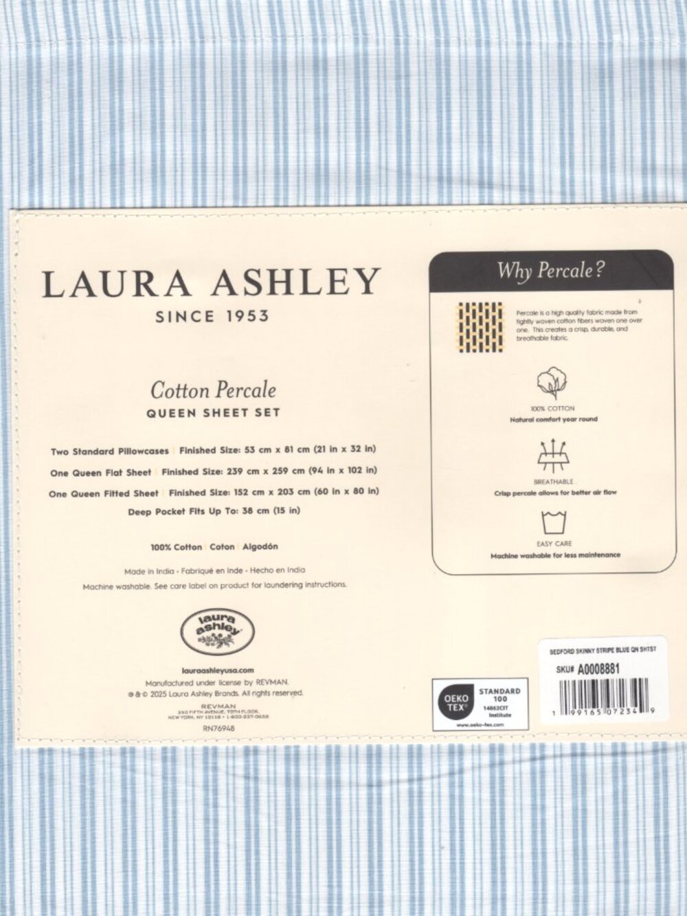 Laura Ashley Queen Size Blue Bedford Skinny Stripe Sheet Set (cotton percale) - Picture 2 of 6